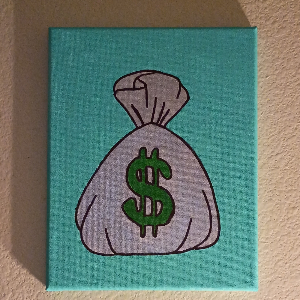 Handmade Handpainted Money Bag Acrylic Painting On Stretched Canvas 8x10"